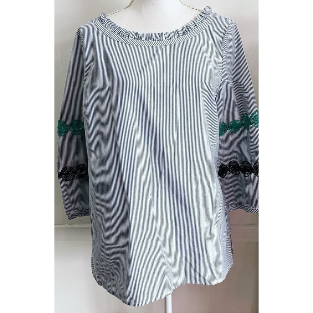 Talbots • Blue Seersucker with Crochet Accent Sleeve Blouse